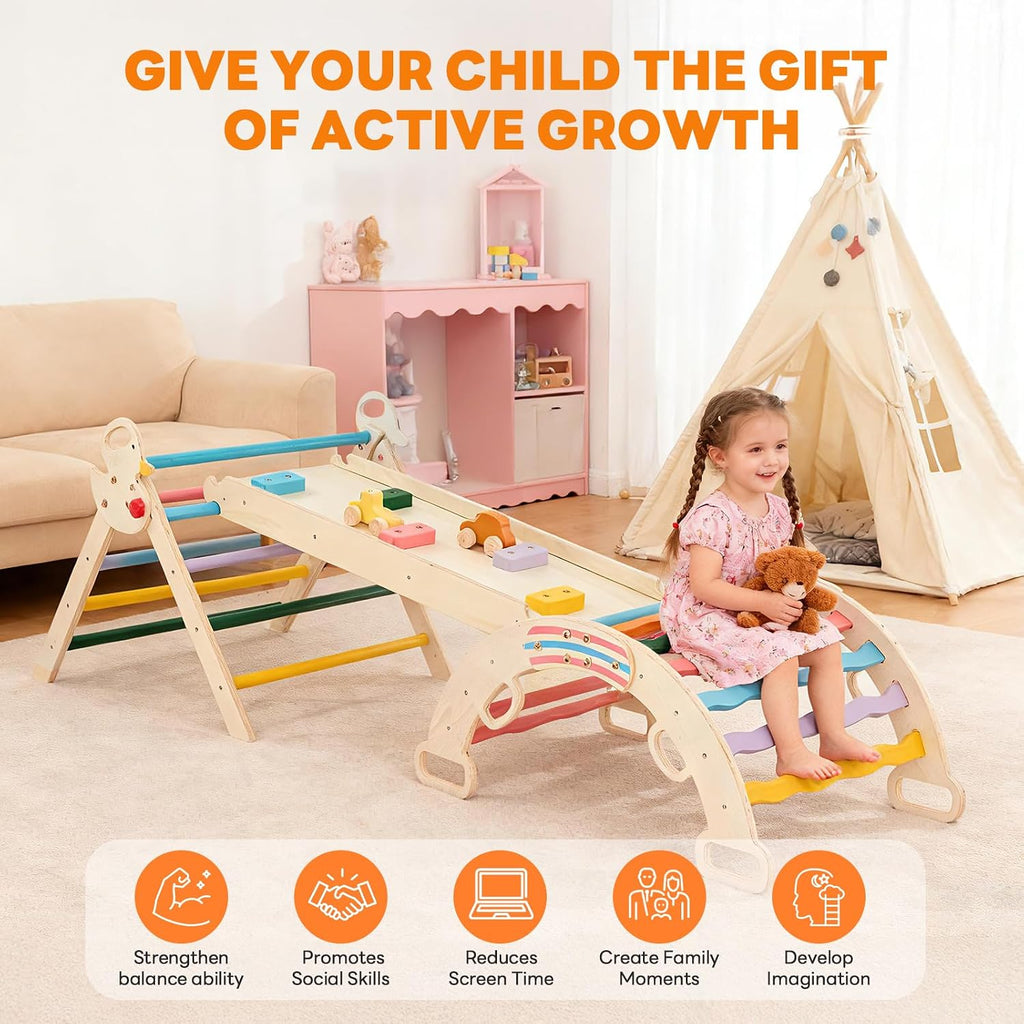 Triangle Set, Toddler Climbing Toys and Play Structure Indoor, in-1 Wooden Montessori Climbing Set with Arch, Ramp