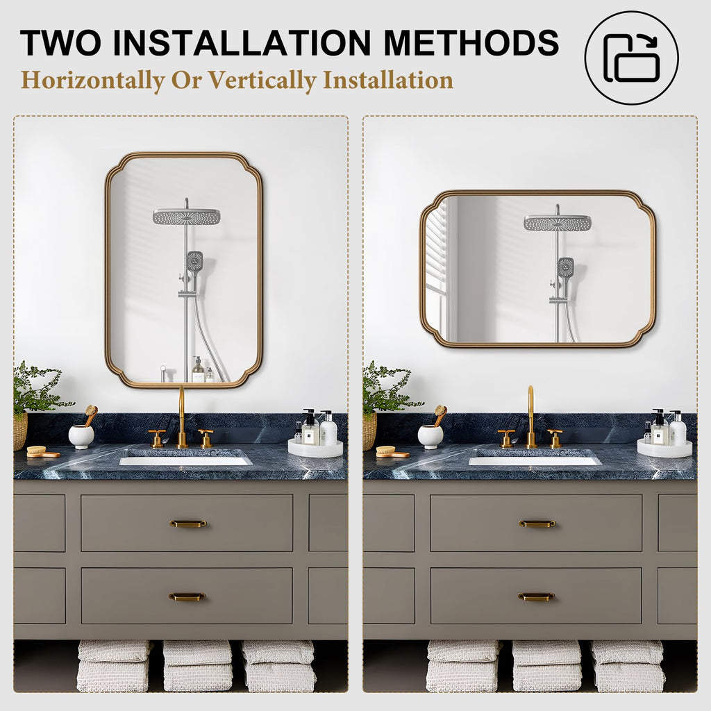 Gold Bathroom Mirror for Wall 20" x 30" Modern Rounded Corner Rectangle Mirror with Non-Rusting Iron Metal Framed