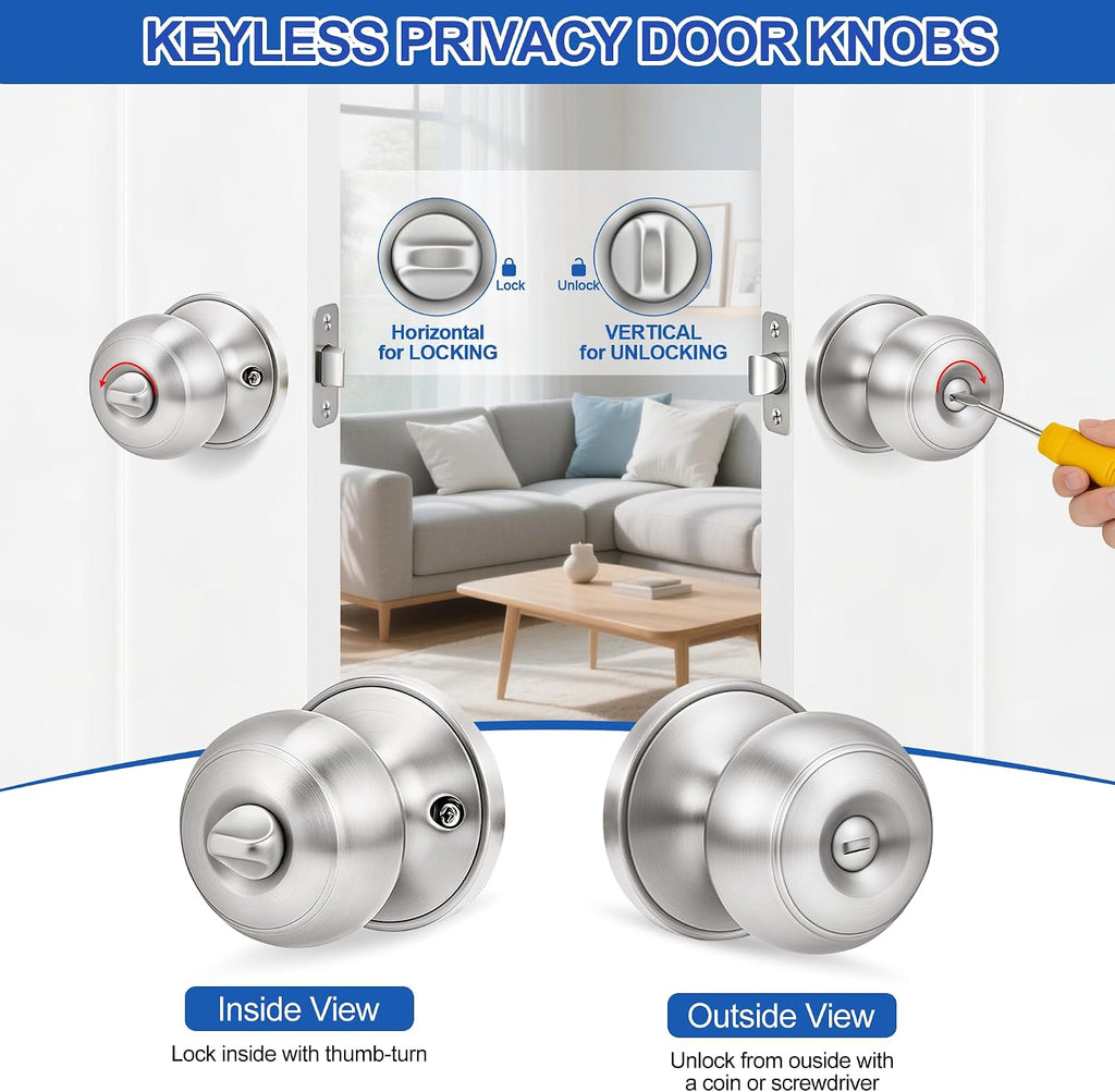 6 Pack Brushed Nickel Door Knobs,Privacy Door Knob with Lock, Interior Doorknobs Silver, Keyless Door Locks Set s