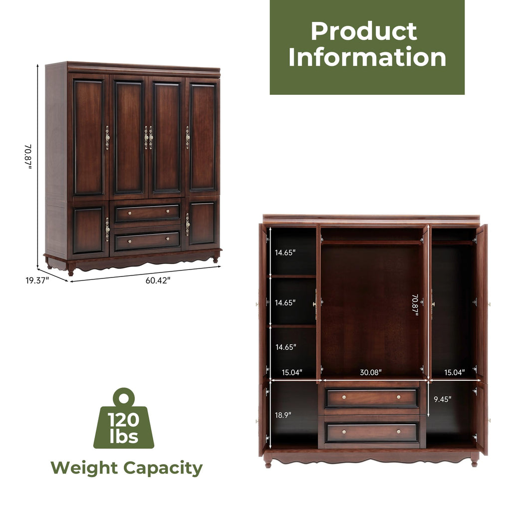 Solid Wood Armoire:Wardrobe Closet with Drawers and Hanging Rod