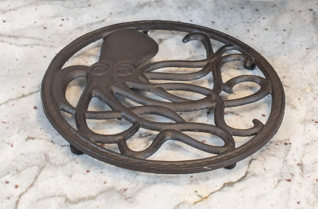 Cast Iron Trivet for Hot Dishes, Pots, and Pans, Metal Trivet, Octopus Design, Rubber Feet Caps, Ring Hanger, 8