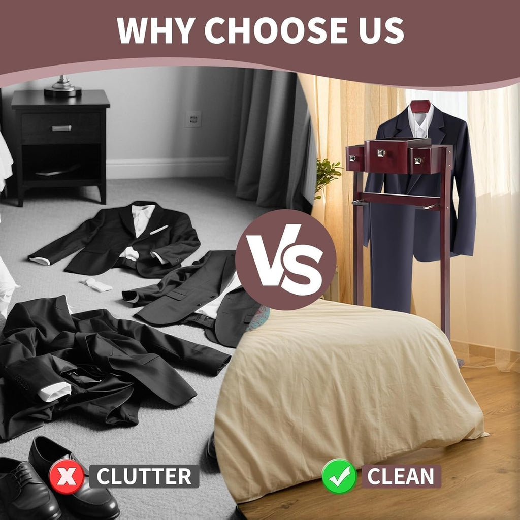 Suit Valet Stands with Hanger, Pant Hanger and Metal Shoe Rack Wood Modern Standing Hanger with Storage Organizer