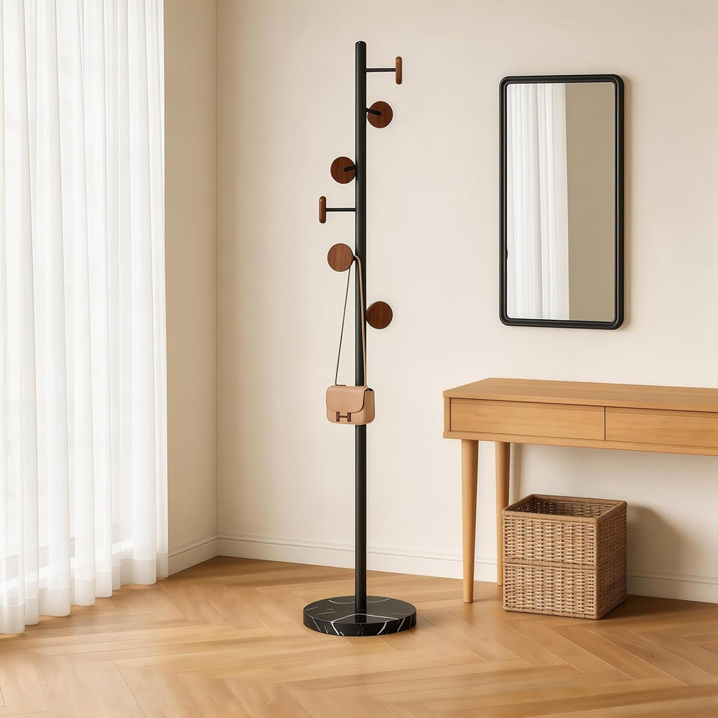 Freestanding Mid-Century Modern Coat Rack | Sturdy metal frame, solid marble base & round wood hooks, great daily