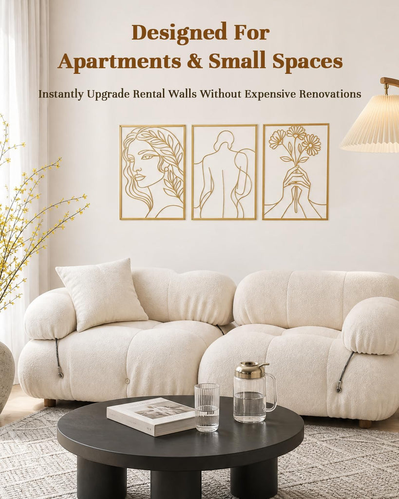 Golden Metal Wall Art Set, Woman Line Art & Floral Wall Decor - Set of 3