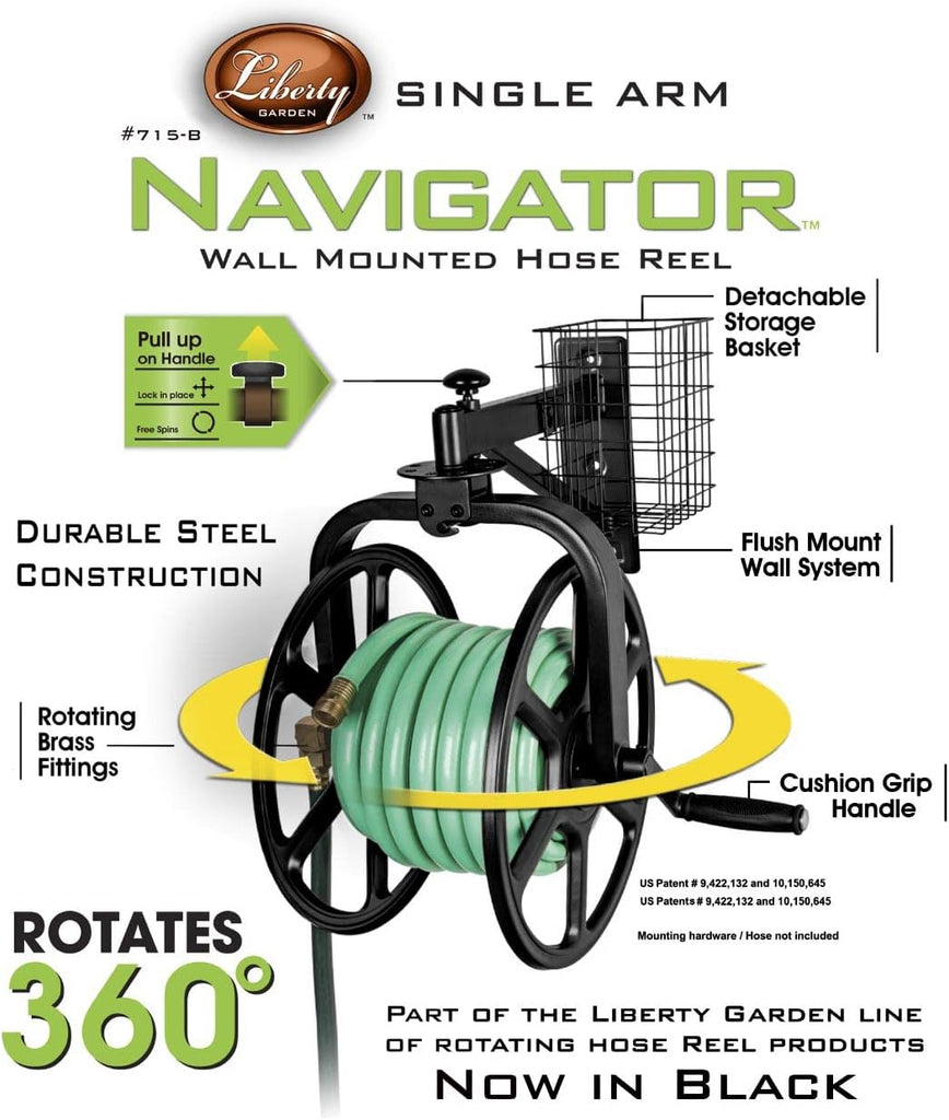 Garden 712-B Single Arm Navigator Multi-Directional Garden Hose Reel, Holds 125-Feet of, 5/8-Inch, Black