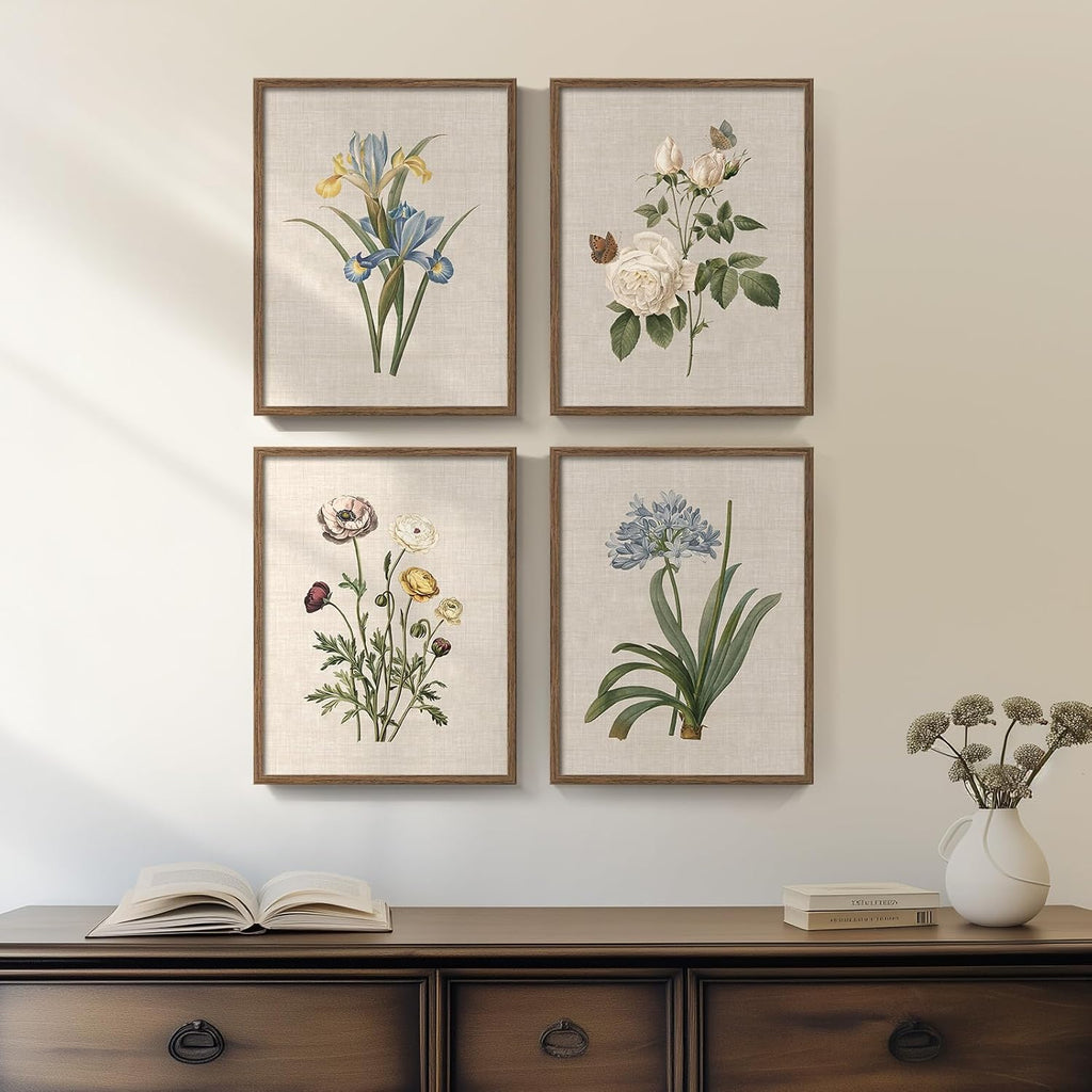 Framed Botanical Floral Wall Art, 4 Piece Vintage Flower Canvas Painting Prints, Rustic Floral Butterfly Pictures