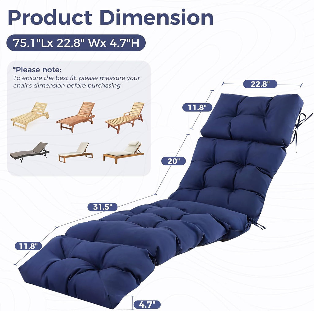Outdoor Chaise Lounge Cushions, Waterproof Lounge Chair Cushions | 75.1x22.8x4.7 Inch, Navy Blue, Fade Resistant