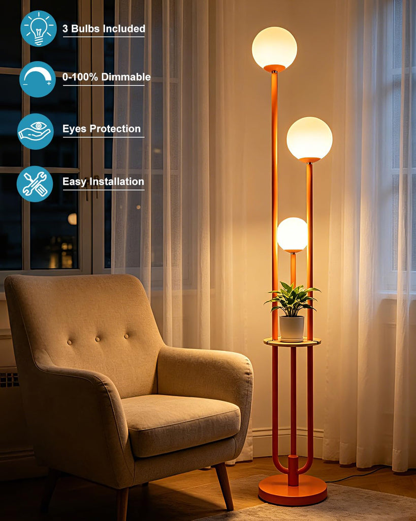 Dimmable 3-Light Globe Floor Lamp with Storage Shelf, Orange Mid Century Modern Standing Lamp, 3PCS 3000K Warm White