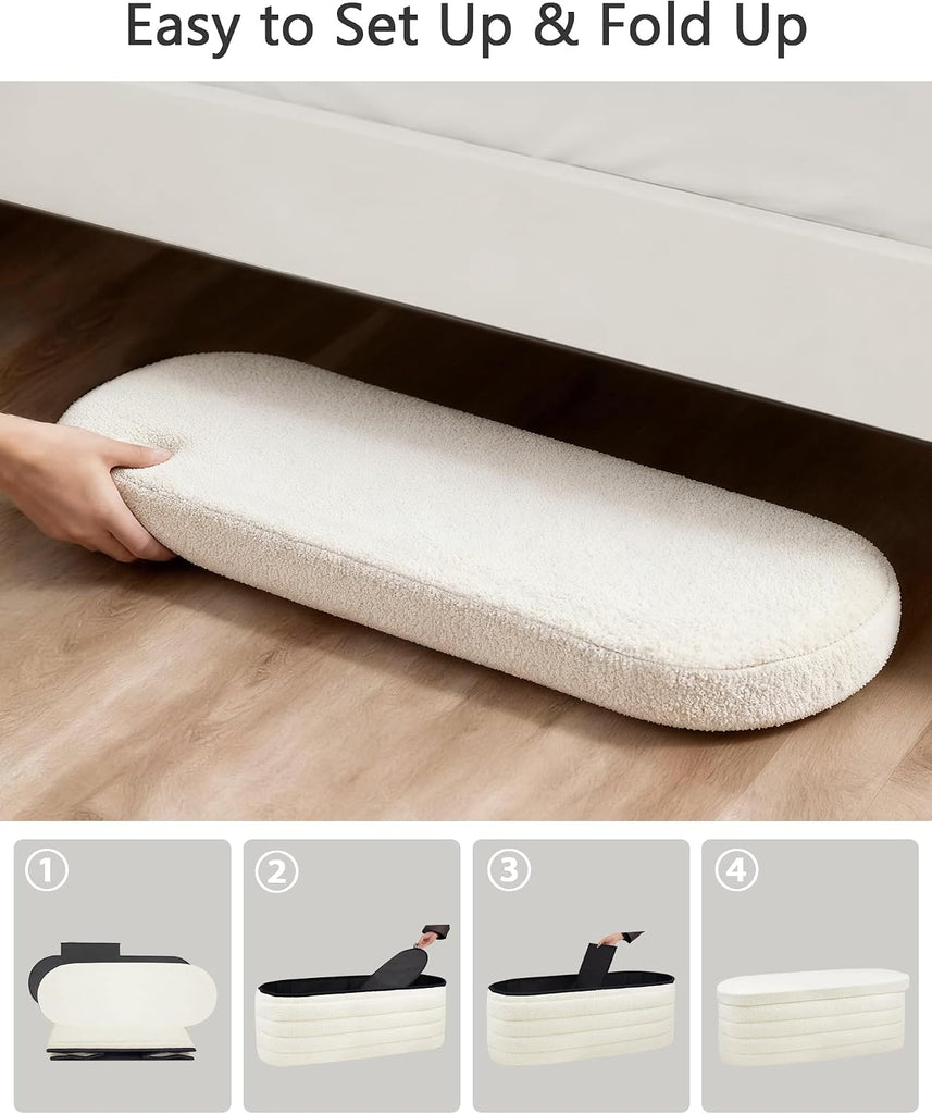 Storage Ottoman Bench, 43" Entryway Shoe Seat, Sherpa White | Upholstered Oval Ottoman with Storage, End of Bed Stool