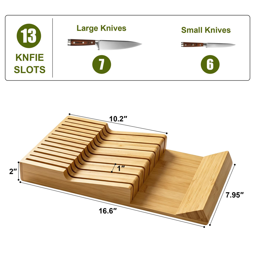 Bamboo Kitchen Drawer Knife Block, In drawer Knife Holder, Knife Drawer Organizer fit for 13 knives