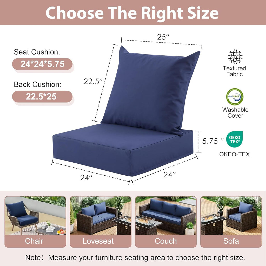 Outdoor Deep Seat Cushion Set, 24x24 Inch Water-Resistant & Fade-Resistant Outdoor Chair Cushions, Patio Furniture