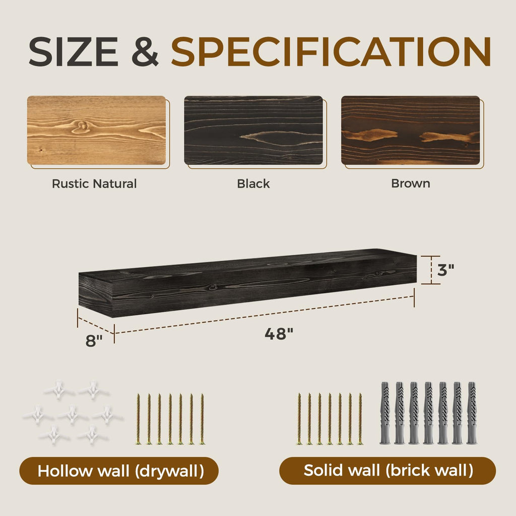 48'' Fireplace Mantel, 3'' Thick Pine Wood Floating Shelf, Black