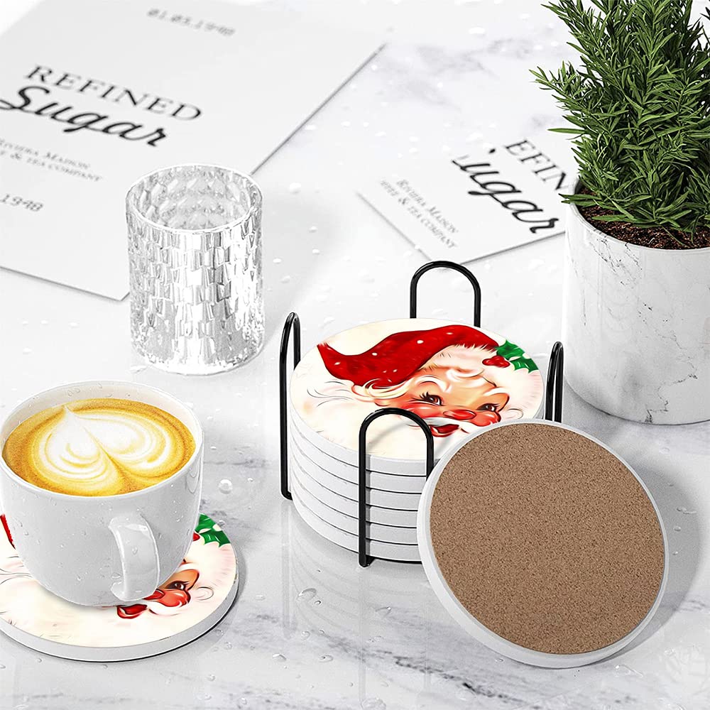 Coasters for Drinks, Round Absorbent Ceramic Stone Coaster Sets of 6 with Metal Holder Stand, Vintage Santa Claus