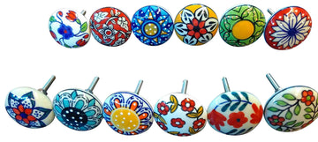 Set of 12 Hand Painted Multicolor Ceramic Knobs for Cabinets Doors