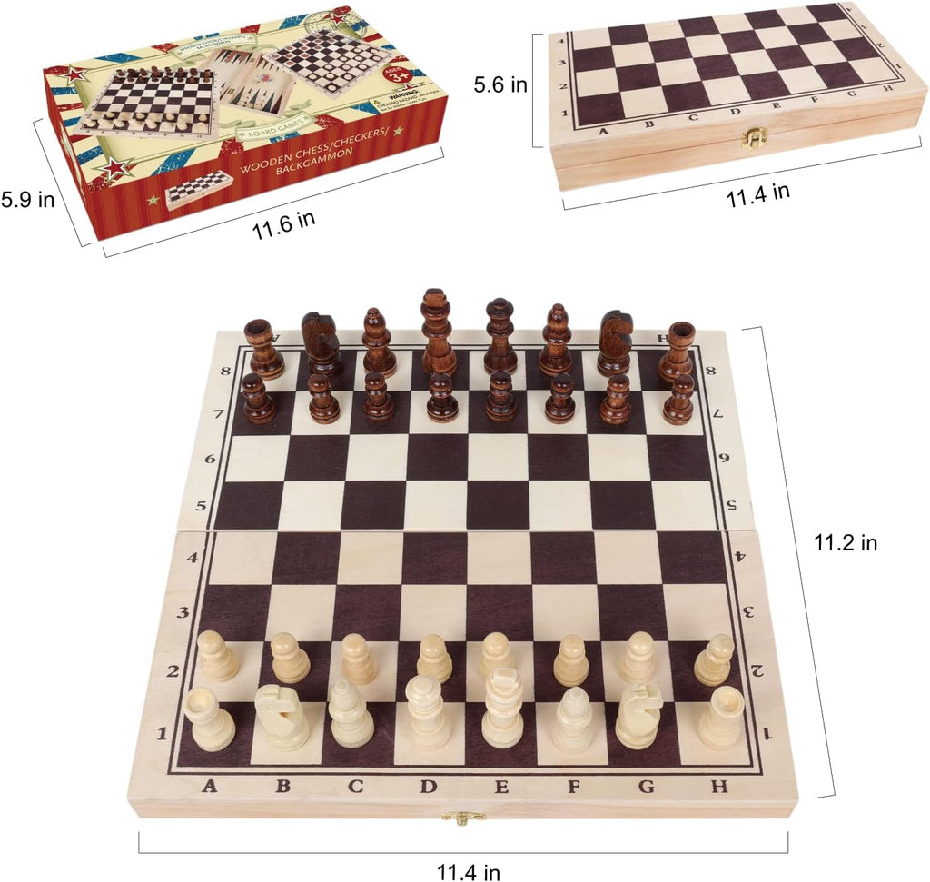 Wooden Chess, Checker, and Backgammon 3 in 1 Board Game Set,Classic Traditional Travel Night Toy and Game Gift Set