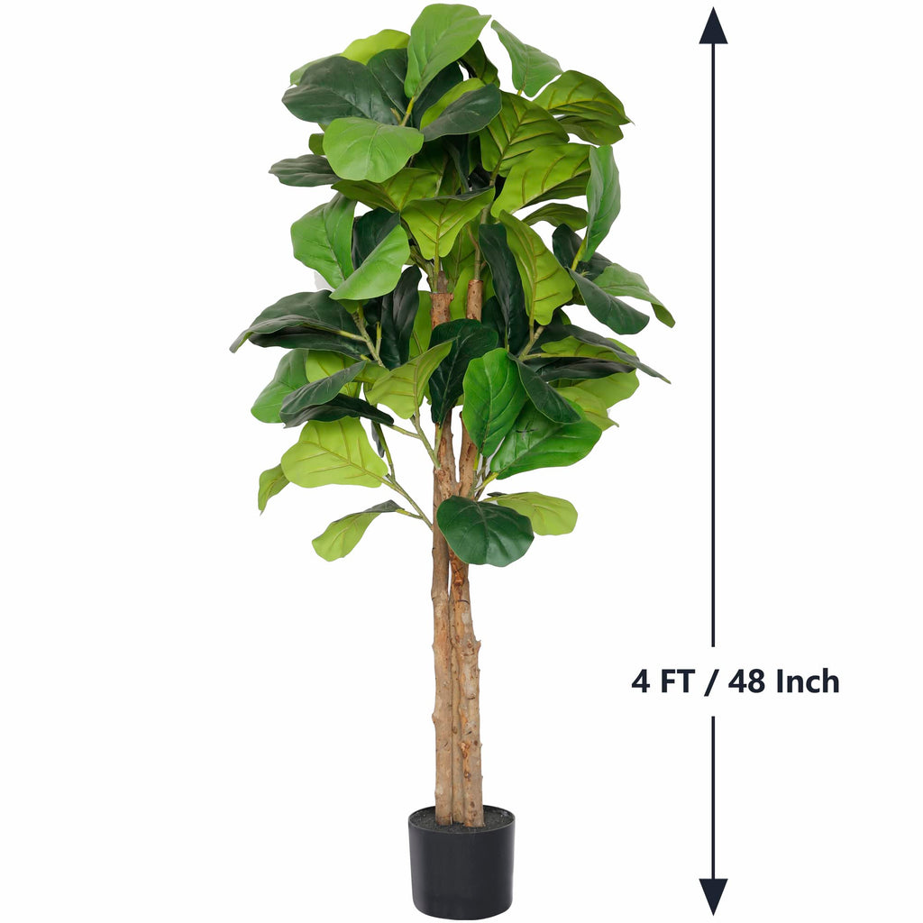 4ft Fiddle Fig Tree Artificial, Faux Fig Tree w/ 75 Leaves & 3 Trunks, Fake Ficus Lyrata Plant Real Touch Technology