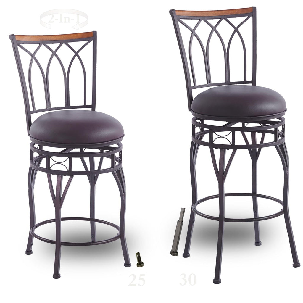 Farmhouse Swivel Bar Stools with Backs Set of 4, Adjustable 25"/30" Industrial Counter & Bar Chairs with Brown PU