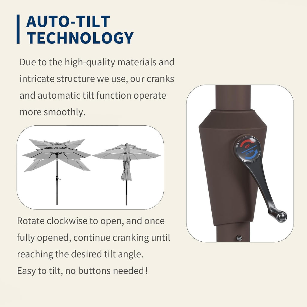 9FT 3 Tiers Patio Umbrella With Auto Tilt And Crank, Outdoor Table Market Umbrella with 8 Sturdy Ribs and Pool