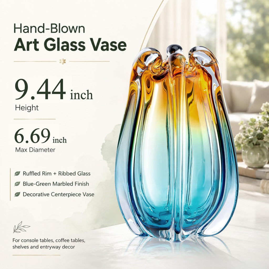 Hand Blown Glass Vase for Flowers, 9.45" Unique Murano Style Art Glass Vase, Fluted Teal Amber Ombre Decorative Vases
