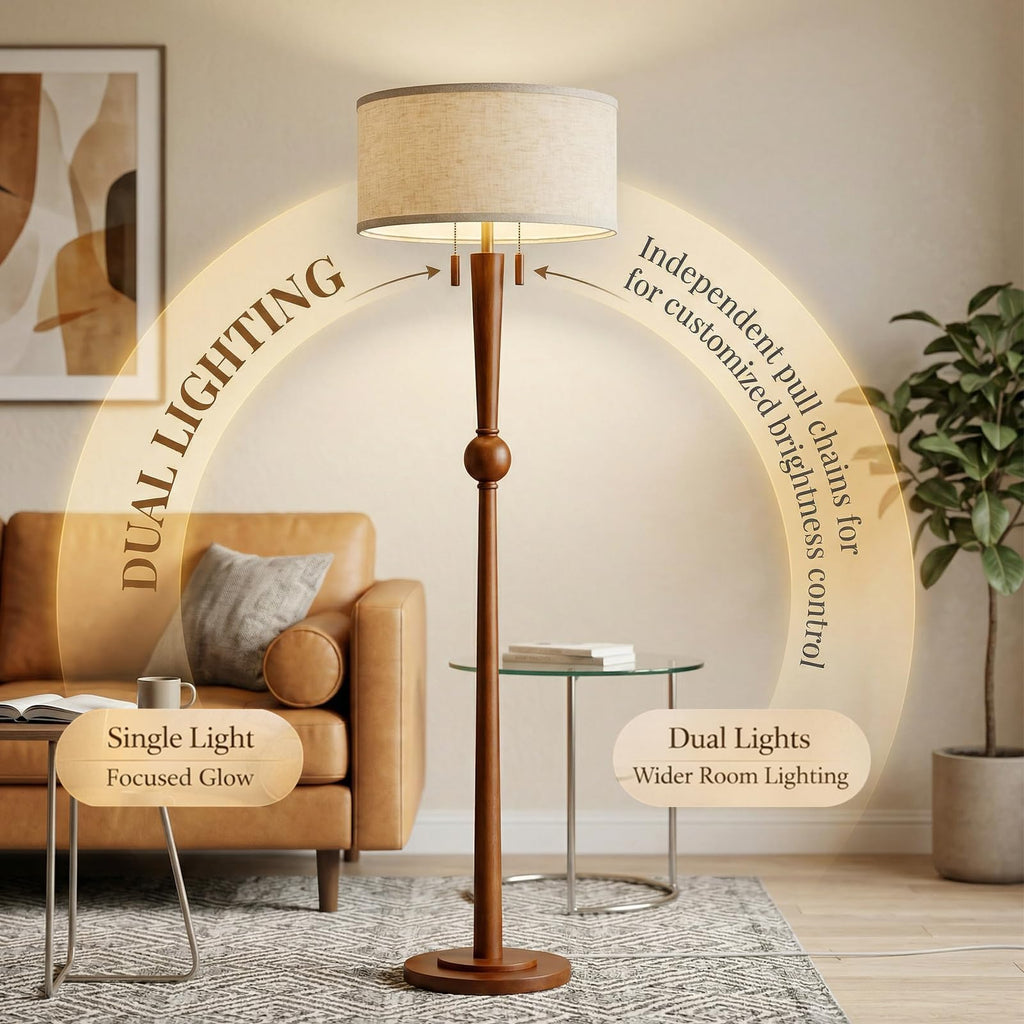 Solid Wood Floor Lamp with Wooden Pull Chains