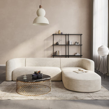 Mellow Modern Tight Curved Back Velvet Sofa, Right Chaise, Cream