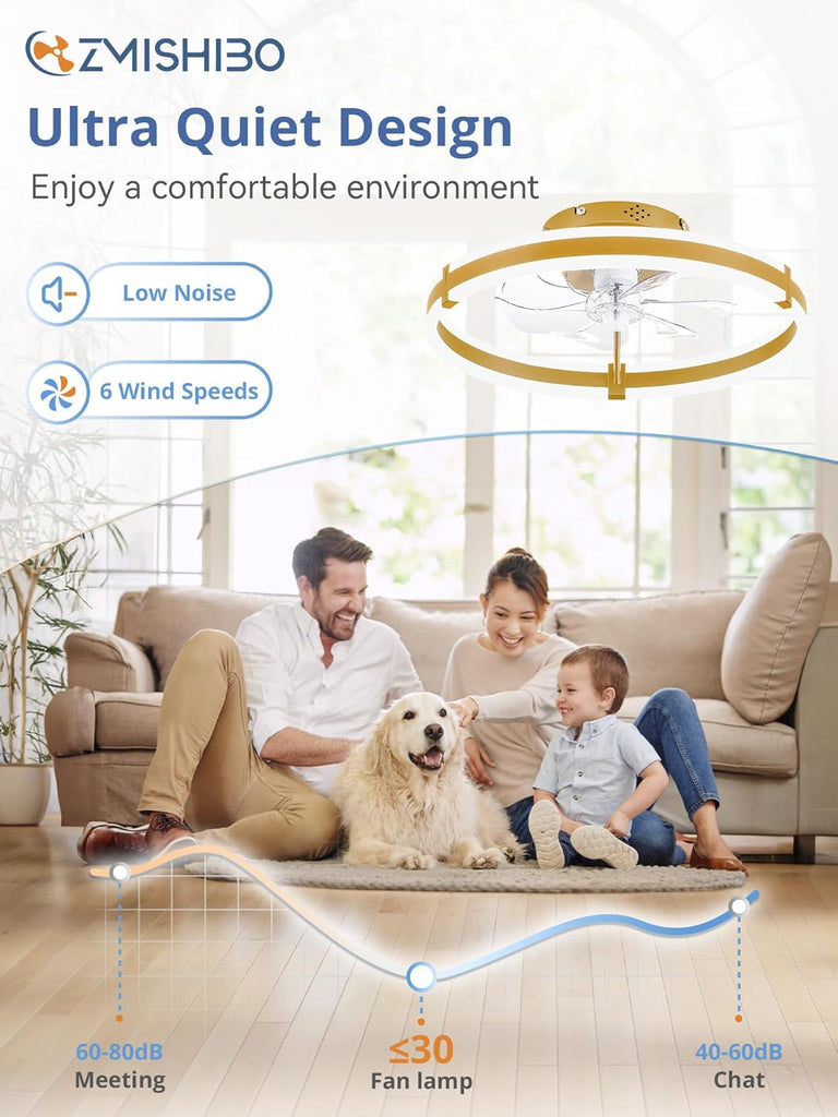 Ceiling Fans with Lights and Remote, 19.7'' Low Profile Ceiling Fan, 3000-6000K Dimmable Modern Flush Mount LED Fan Light, 6 Wind Speeds, Gold Fandelier Ceiling Fans for Bedroom A101-B0F1CCMY9D