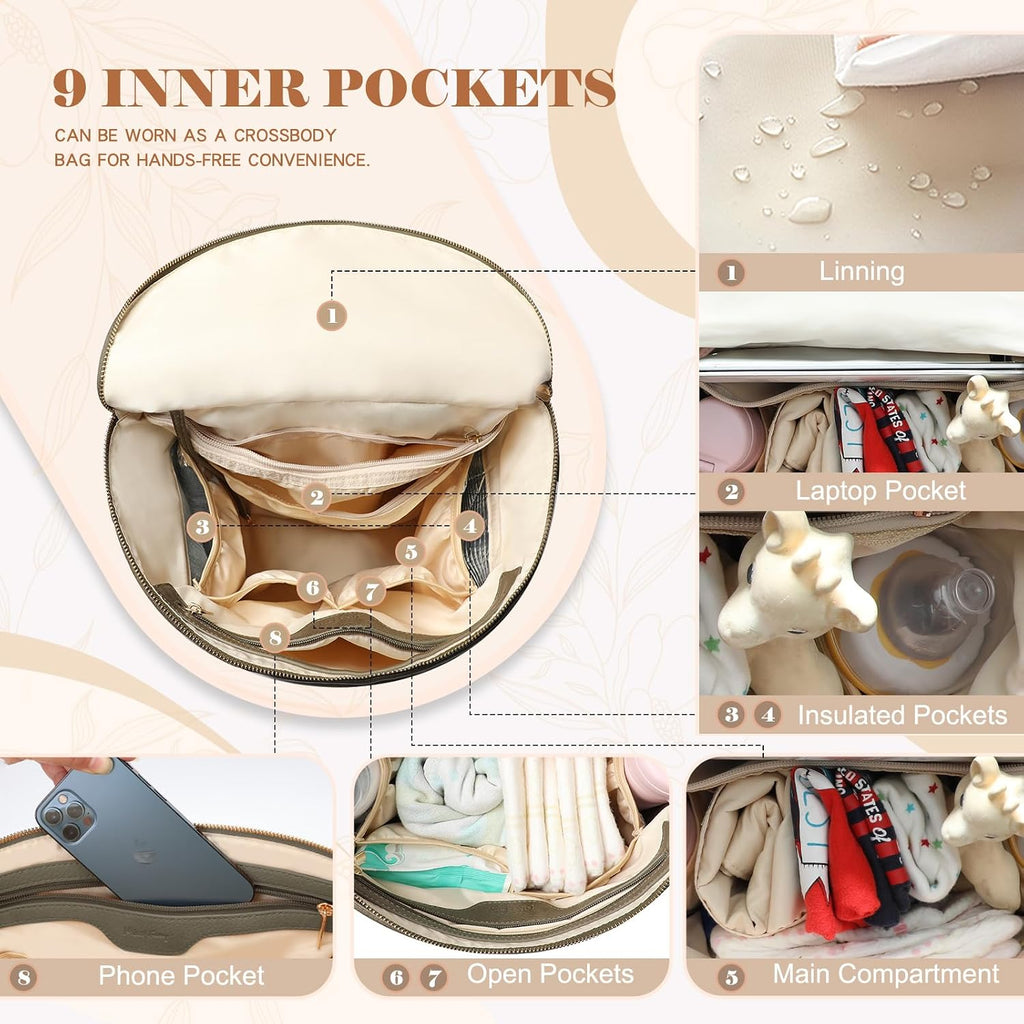 Diaper Bag Backpack Baby Diaper Bag, Large Leather Diaper Backpack with 16 Pockets Travel Diaper Bag with Diaper