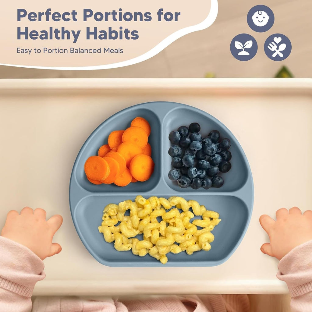 Suction Plates and Bowls Set - 100% Food Grade Silicone Toddler Feeding Supplies for BLW | Stay-Put Divided Dish