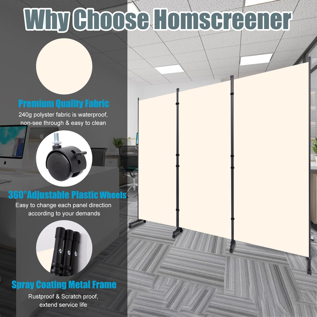 Room Divider 102'' Wide Folding Privacy Screen, 3 Panel Wall Divider w/Wheel