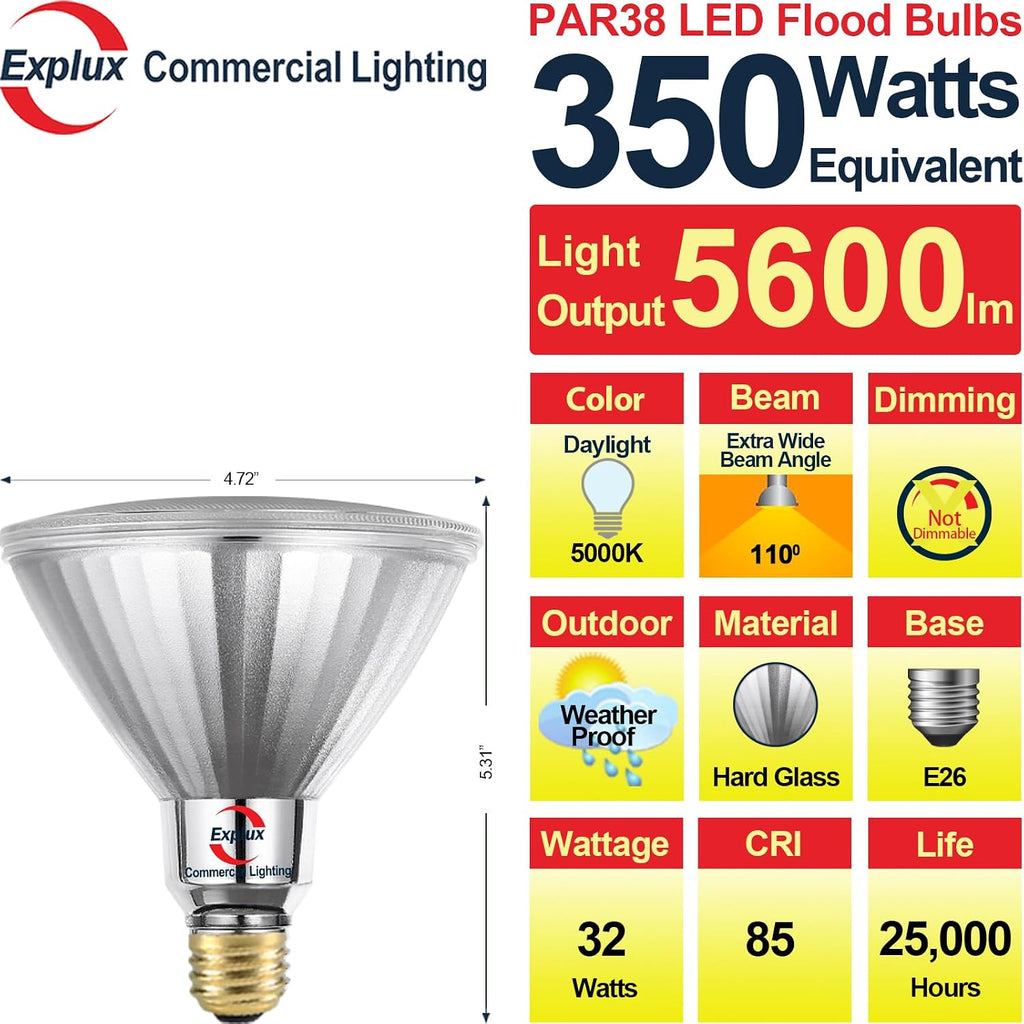 Ultra Bright PAR38 Outdoor Flood Light, 350W Equivalent, 5000K, 1-Pk