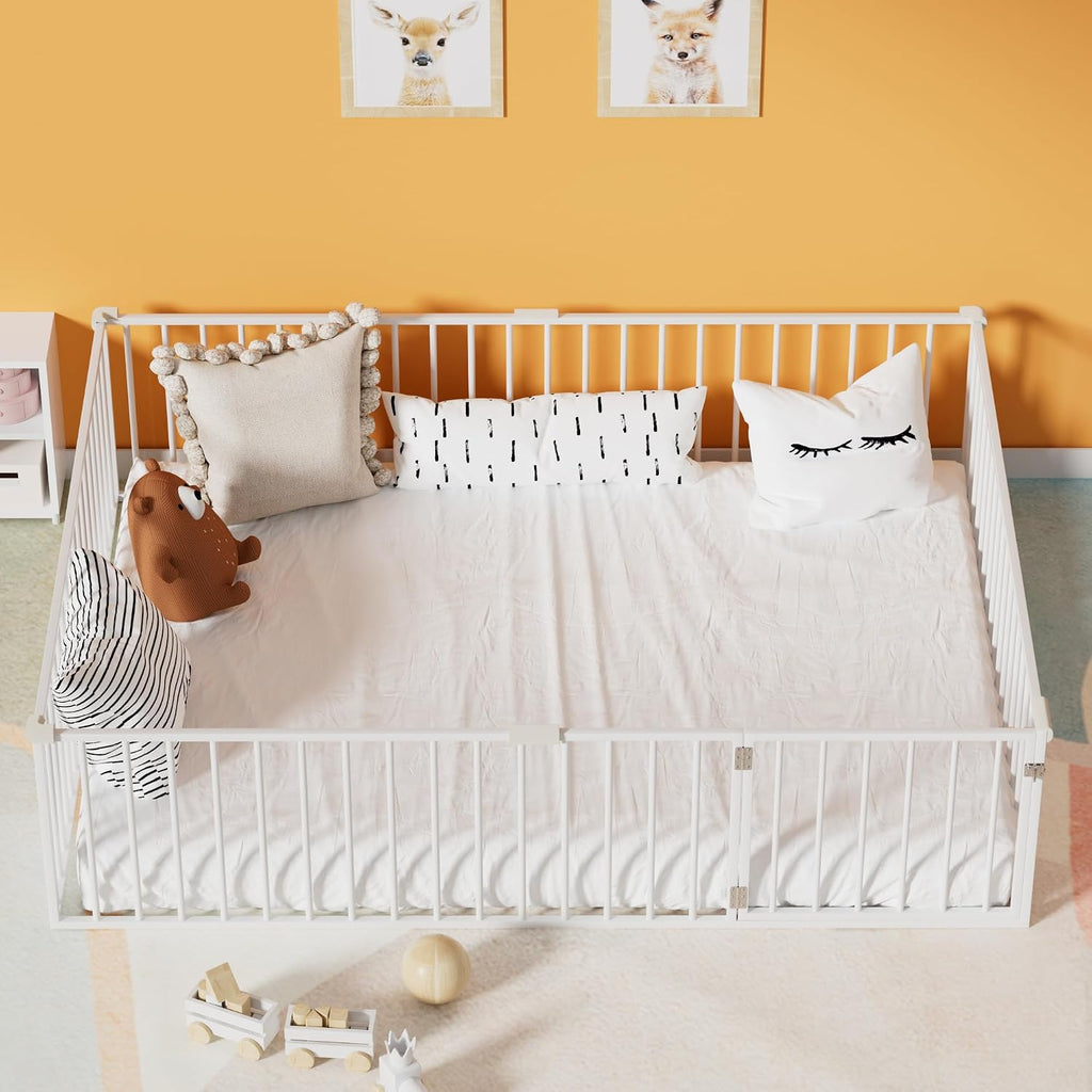 Floor Bed for Kids Metal Montessori Bed Frame with Door & Safety Guardrails Multifunctional Montessori Floor