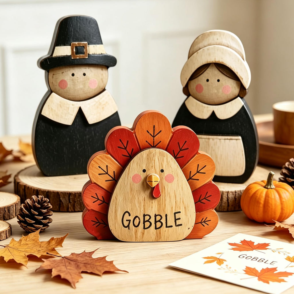 3 Pcs Thanksgiving Decor Fall Pilgrim Turkey Wooden Table Decorations, Thanksgiving Decorations Indoor, Pilgrim Decor