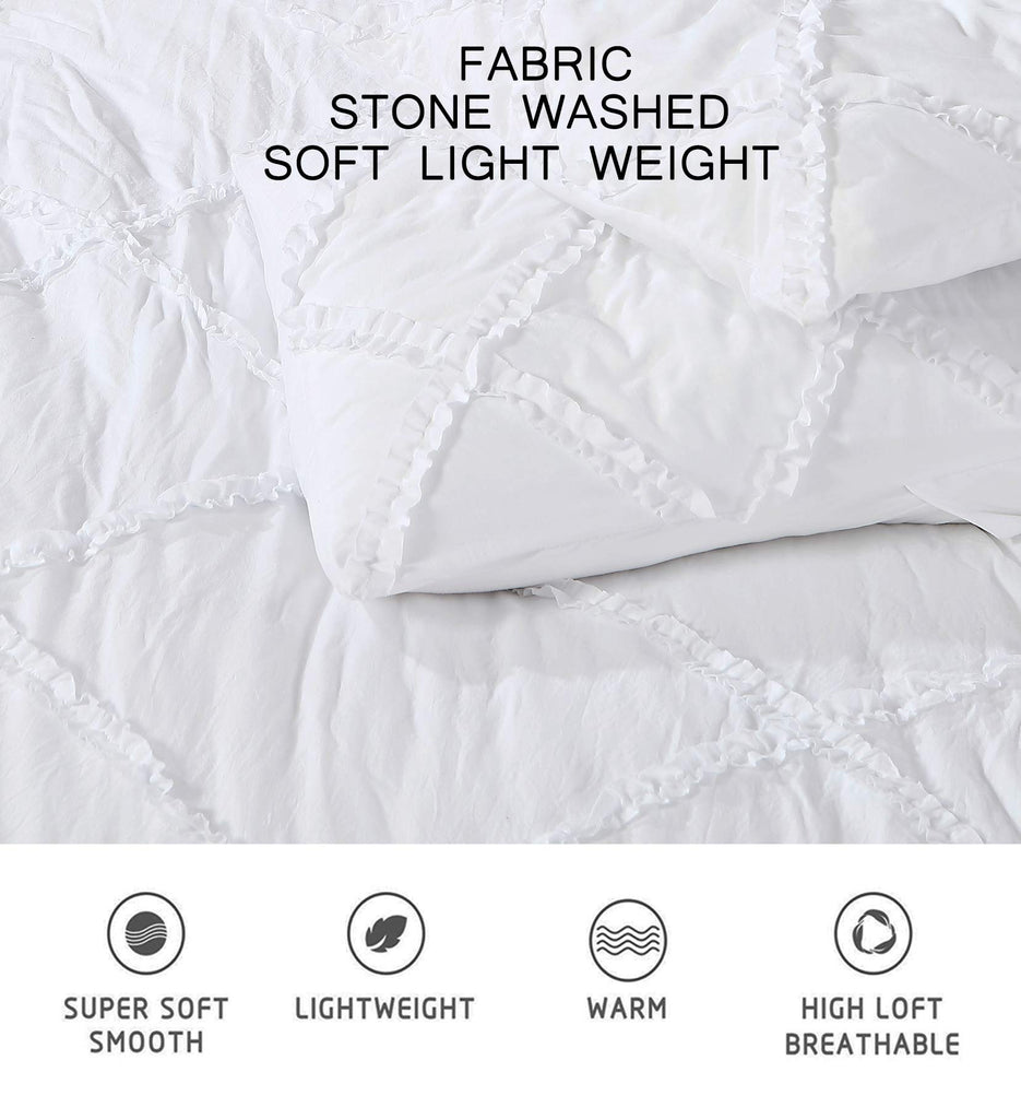 Vivian 3-Piece Diamond Ruffle Quilted Trim Soft Washed Microfiber Comforter Set (White)