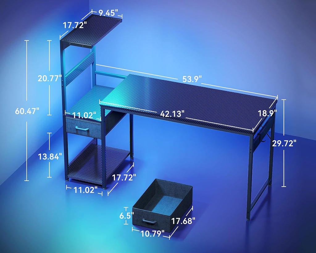 54'' Gaming Desk with LED Lights & CPU Stand, Reversible Computer Desk with Storage Shelves & Fabric Drawer, Modern