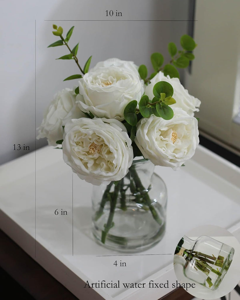 Artificial Flowers with White Roses in Vase, Fix Lifelike Fake Flowers in Vase with Artificial Water, Faux Flower
