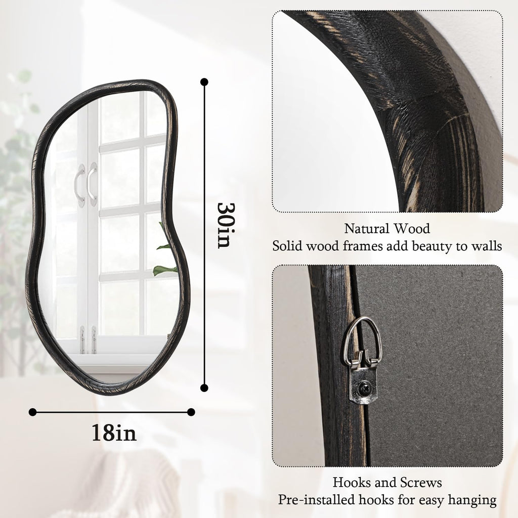 Asymmetrical Wood Mirror Irregular Wall Mirror Large Bathroom Mirror for Over Sink Rustic Black Wall Mounted Mirror