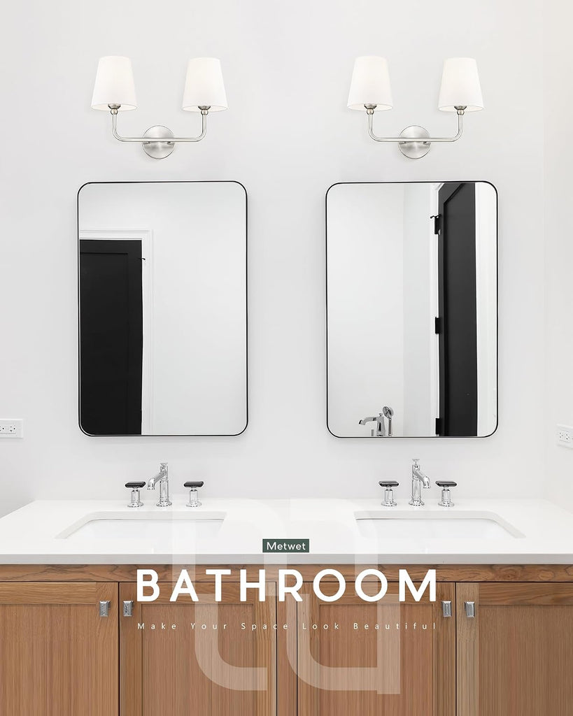 2-Light Brushed Nickel Bathroom Vanity Light, White Fabric Shades | 17" double wall sconce, upward only, E26 base
