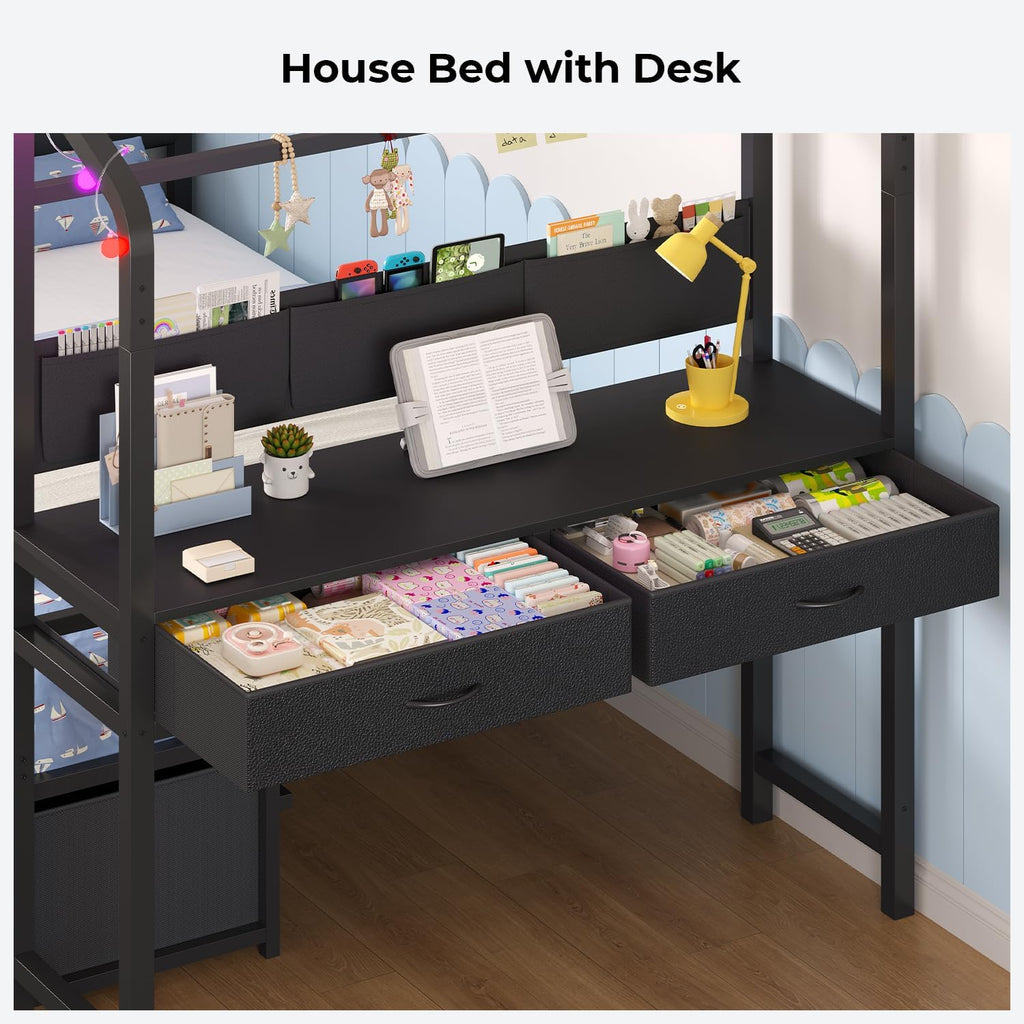Twin Kids Bed with Desk,Metal House Bed with Headboard,Black | Unique House Roof Frame ,Space-Saving All-In-One Kids