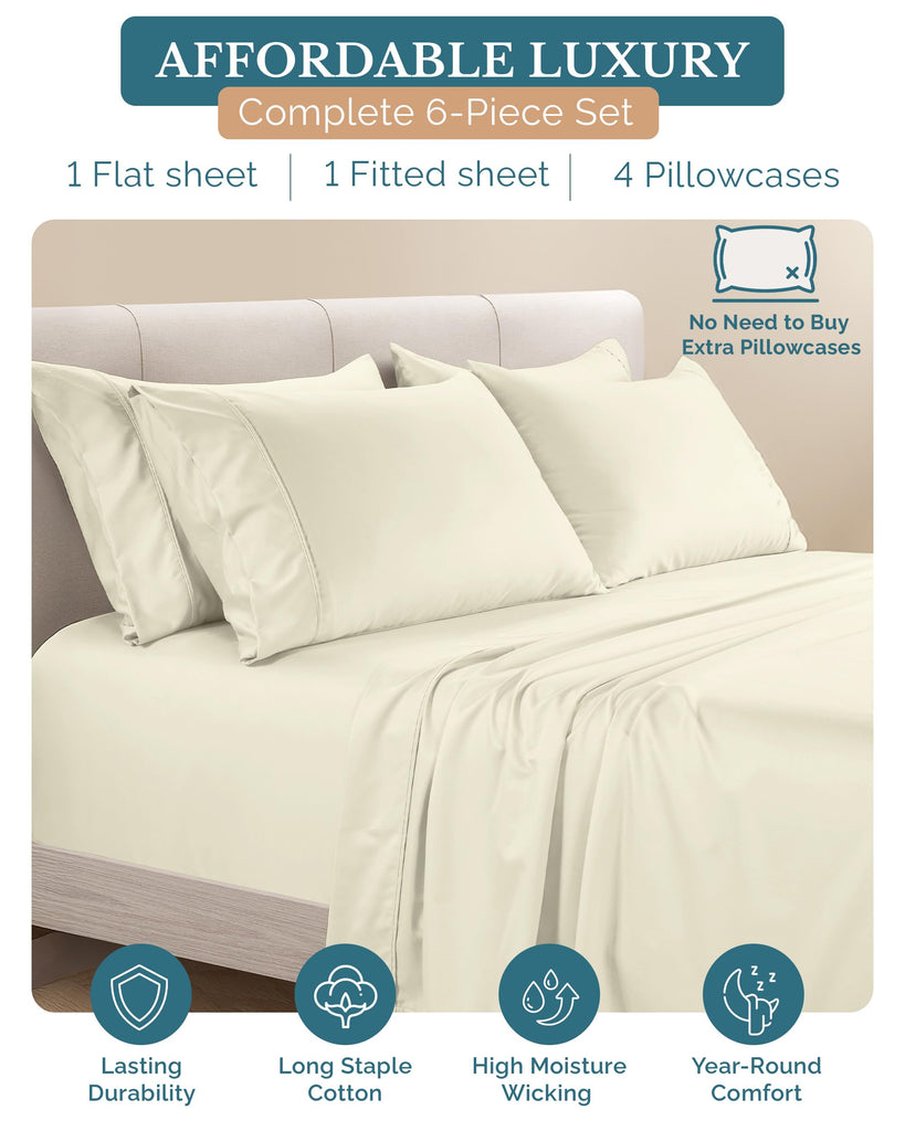 Cal King Size Bed Sheets, 100% Cotton 6 Piece Sheet Set with 500 Thread Count Smooth Sateen Finish, Soft Cotton Sheet