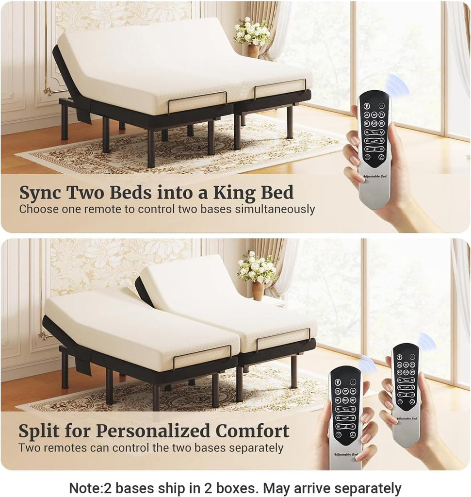 Split King Adjustable Bed Frame with Massage, Ergonomic Head & Foot Incline - Luxury Zero Gravity Electric Base - Set of 2