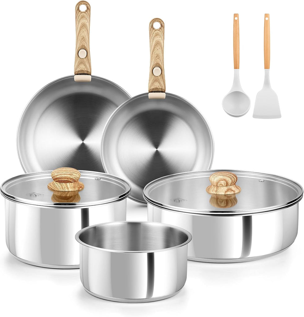 Stainless Steel Cookware Set, 18/10 Stainless Steel Pots and Pans Set 11PCS, Detachable Handle Pots and Pans for Easy