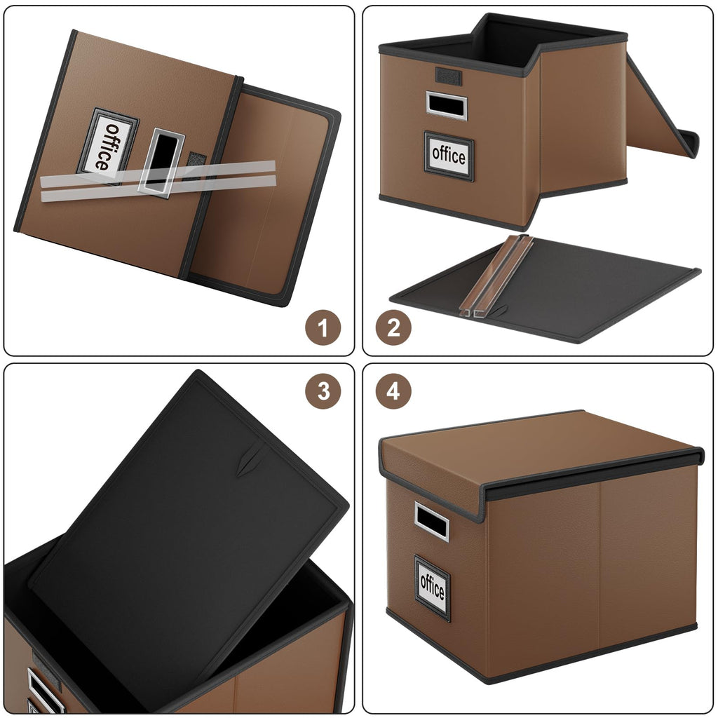 Foldable File Organizer Box with Lids (Brown, Leather)