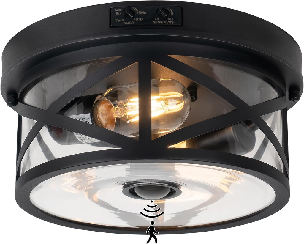 Motion Sensor Outdoor Ceiling Light, Adjustable Black Flush Mount Light Fixture, 2-Light Porch Lights Outdoor
