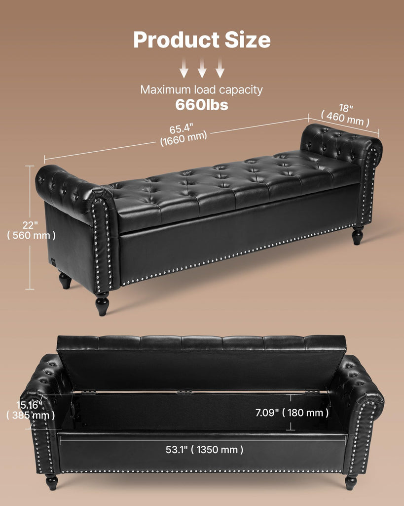 Button-Tufted Storage Ottoman Bench, Rolled Arm PU Leather Bench with Solid Wood Legs, Modern Shoe Benches Seat