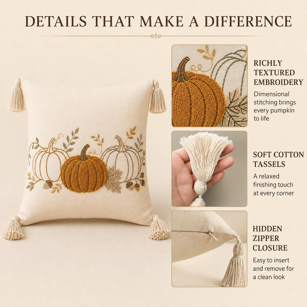 Fall Pumpkin Pillow Covers 18x18 Set of 2, Boho Neutral Pumpkin Decor