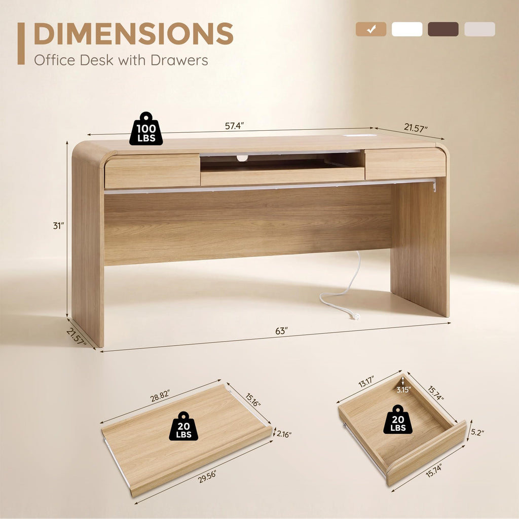 63" Modern Computer Desk with 2 Drawers, Wood Curved (Natural)