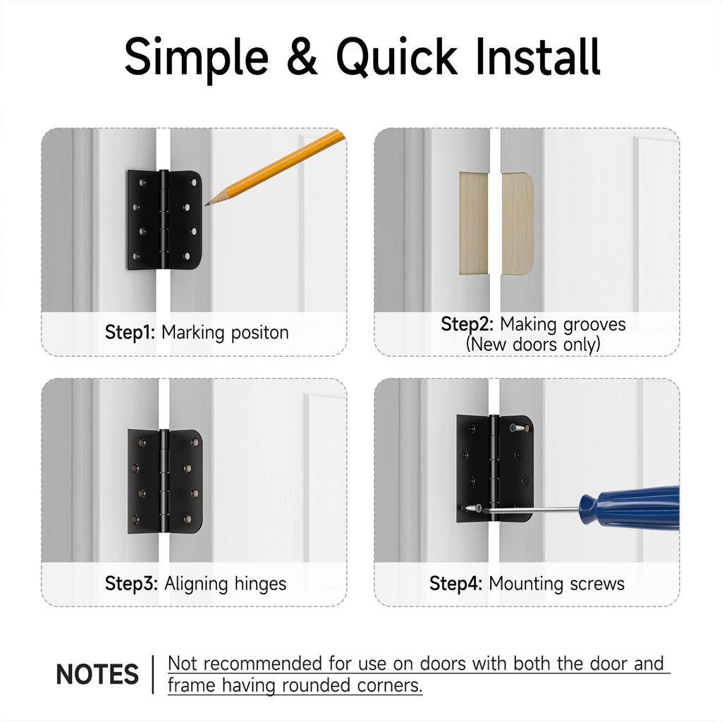 3 Pack 4 Inch Black Exterior Door Hinges with Square & 5/8" Radius, Removable Pin, Perfect for Heavy-Duty Front &