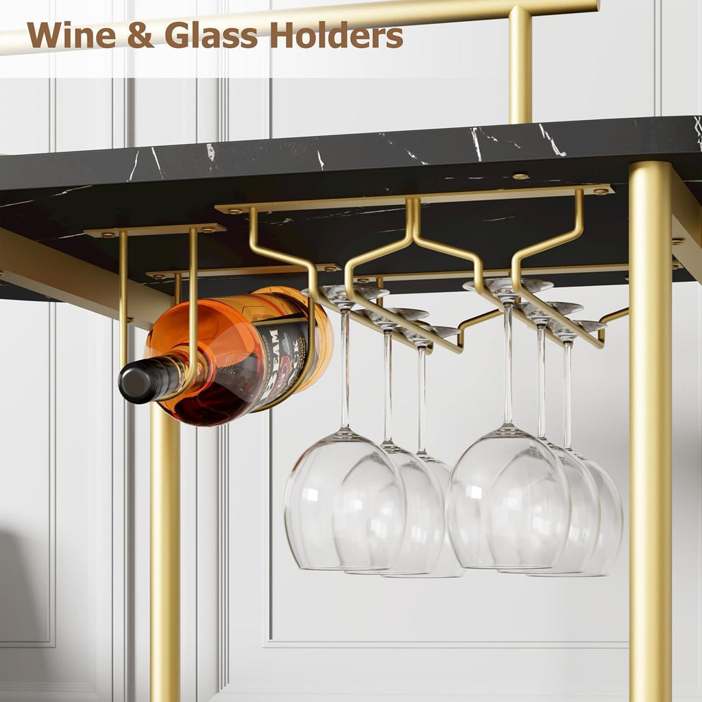 Bar Cart with Wine Rack and Glass Holder, 4-Tier Modern Serving Cart on Wheels, Mobile Liquor Cabinet & Coffee