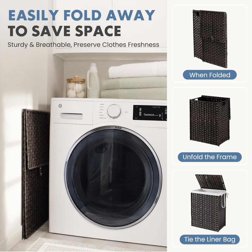 Laundry Basket with Lid, 90L Wicker Laundry Hampers, Chestnut Brown