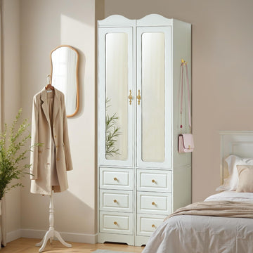 69.5" H Armoire Wardrobe Closet, Modern Wood Bedroom Armoires Cabinet with Mirror Door and 6 Drawers, White Clothing